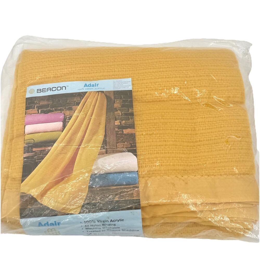 VTG Beacon satin trim blanket virgin acrylic yellow Adair 72 x 90 USA FULL